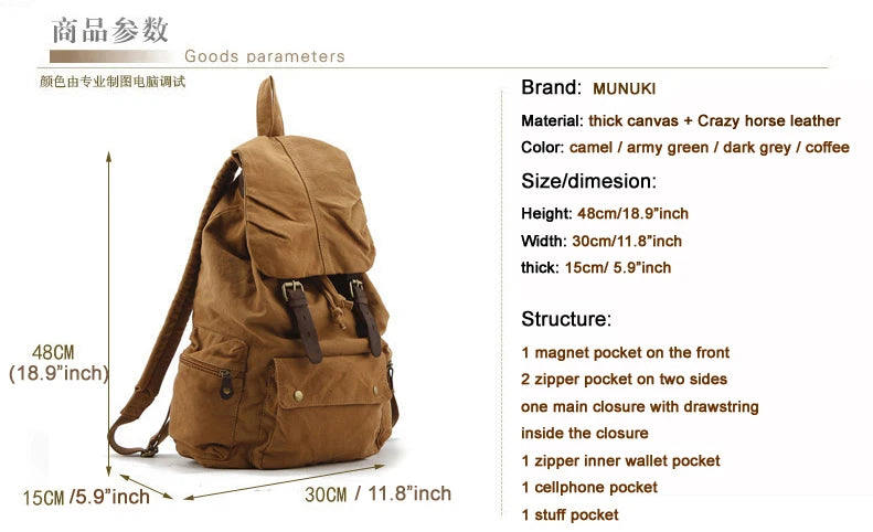 Fashion Vintage Leather military Canvas Backpack